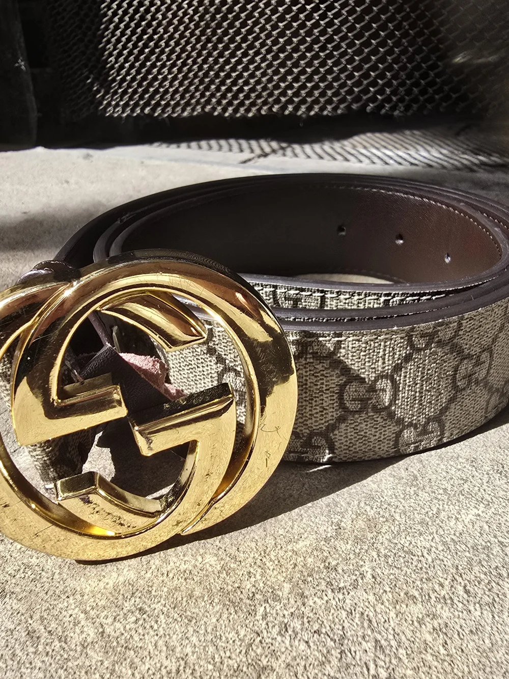 Gucci Beige GG Canvas Belt with Gold Double G Buckle